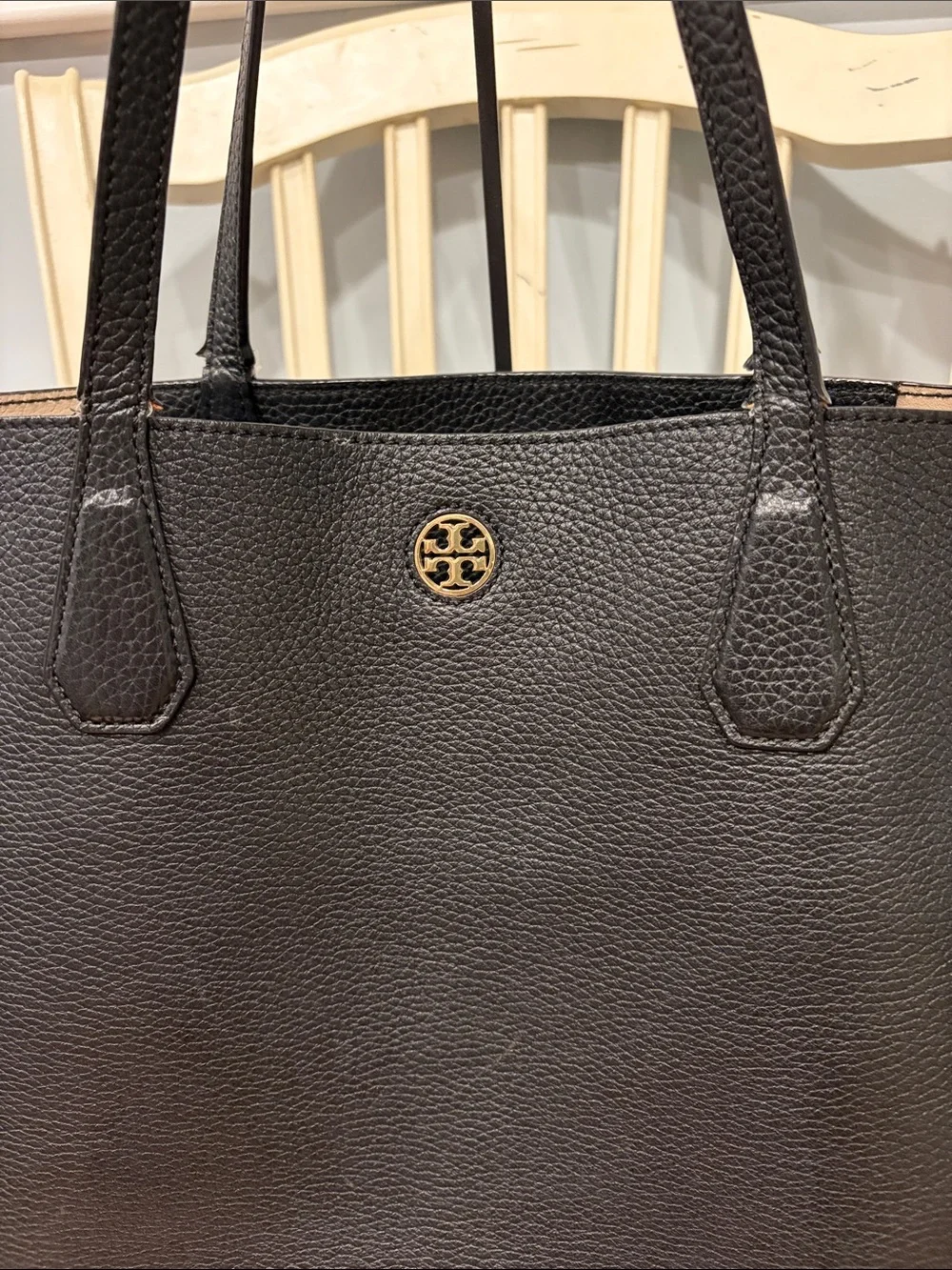 Tory Burch Black Leather Tote with Gold Logo